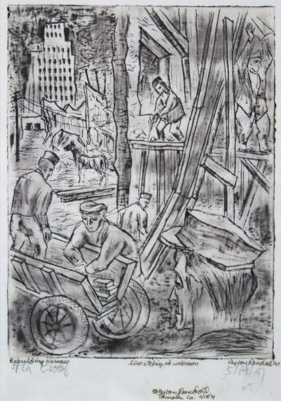 RG-14.21.04, Byron Randall, Rebuilding Warsaw, 1947, Lino etching